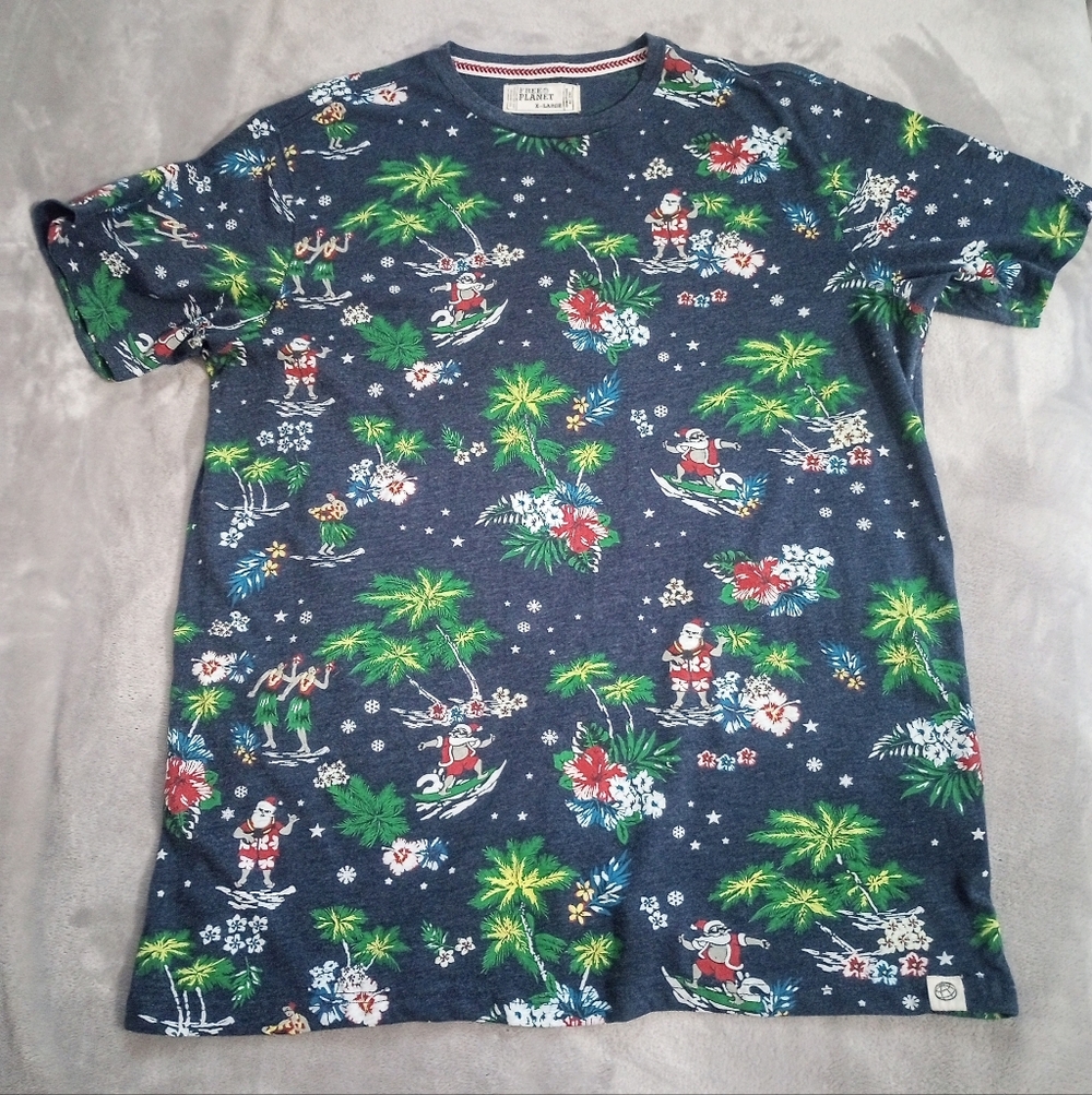 Free Planet Hula Surfin' Santa Tropical Theme Tee Shirt TShirt L XL